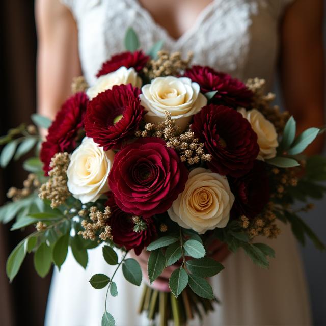 A close-up of a rustic bridal bouquet with deep red and cream flowers.