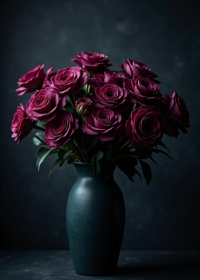 A dramatic, dark, and moody floral arrangement in a vase.