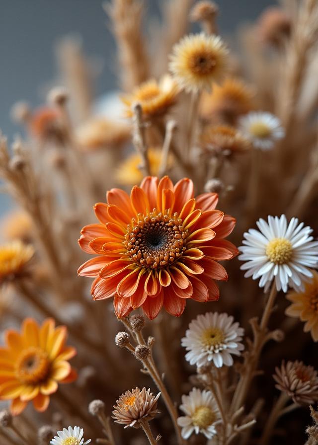 A detailed macro shot of a complex dried flower arrangement.
