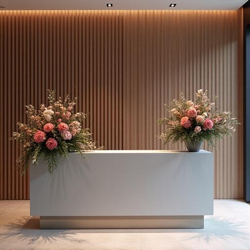 A modern corporate reception desk with a stylish floral arrangement.