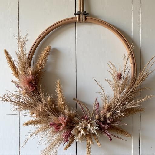A beautiful hoop wreath made of dried flowers and grasses.